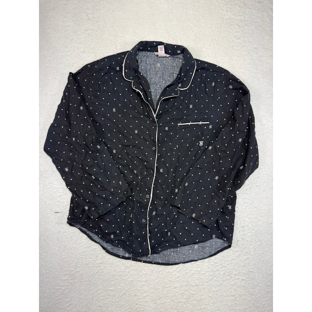 Victorias Secret Black Polka Dot Monogram Pajama Top XL Long Sleeve Sleep Shirt